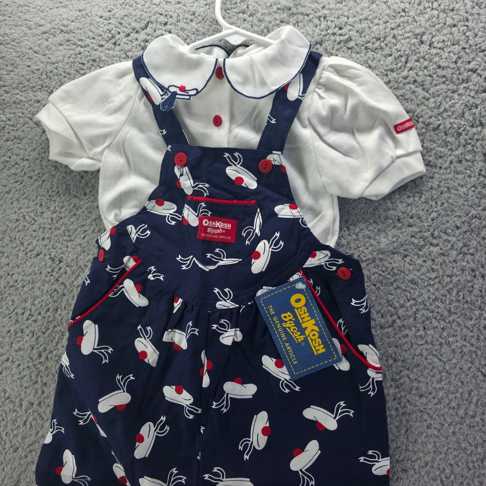 Vintage OshKosh Bgosh Kids 2pc Set Navy Hat Print Overalls White Shirt 3T 4T USA